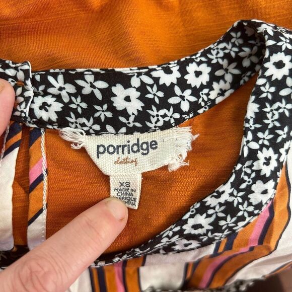 Porridge Clothing Womens XS Striped‎ Blouse Tee Orange White Blue Floral Trim - Picture 4 of 10